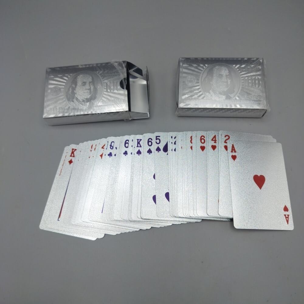 Silver Foil Plated Playing Cards – $100 Ben Franklin Design – Lot Of 2